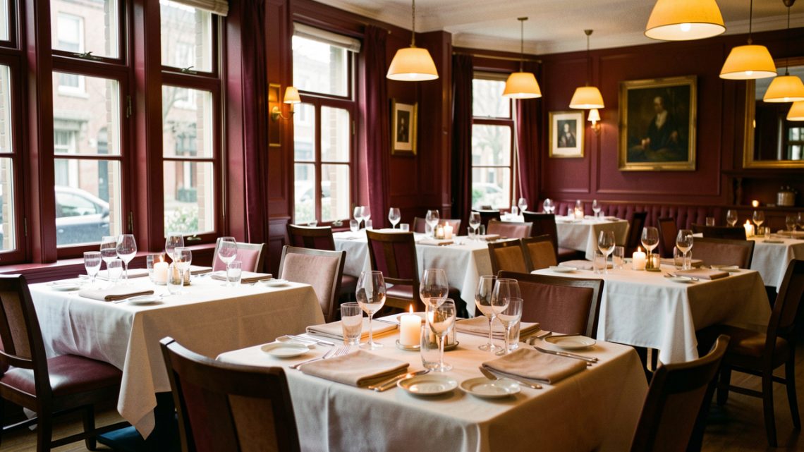 Salle de restaurant élégante et chaleureuse, soigneusement dressée pour accueillir des clients en semaine