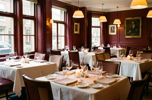 Salle de restaurant élégante et chaleureuse, soigneusement dressée pour accueillir des clients en semaine