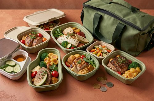 Sélection de plats de restaurant prêts à être livrés, présentés dans des contenants écologiques avec une balance et des pièces évoquant la gestion des prix et de la rentabilité.