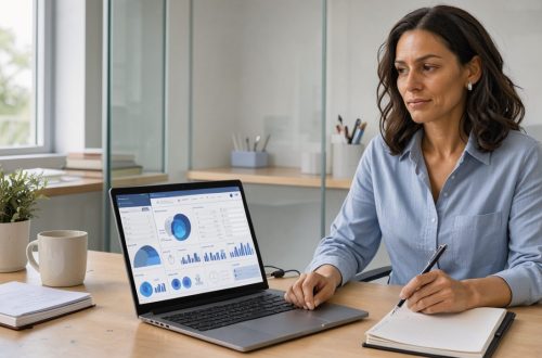 Dirigeante d’une petite entreprise consultant un tableau de bord de facturation électronique sur un ordinateur, dans un bureau lumineux et professionnel.