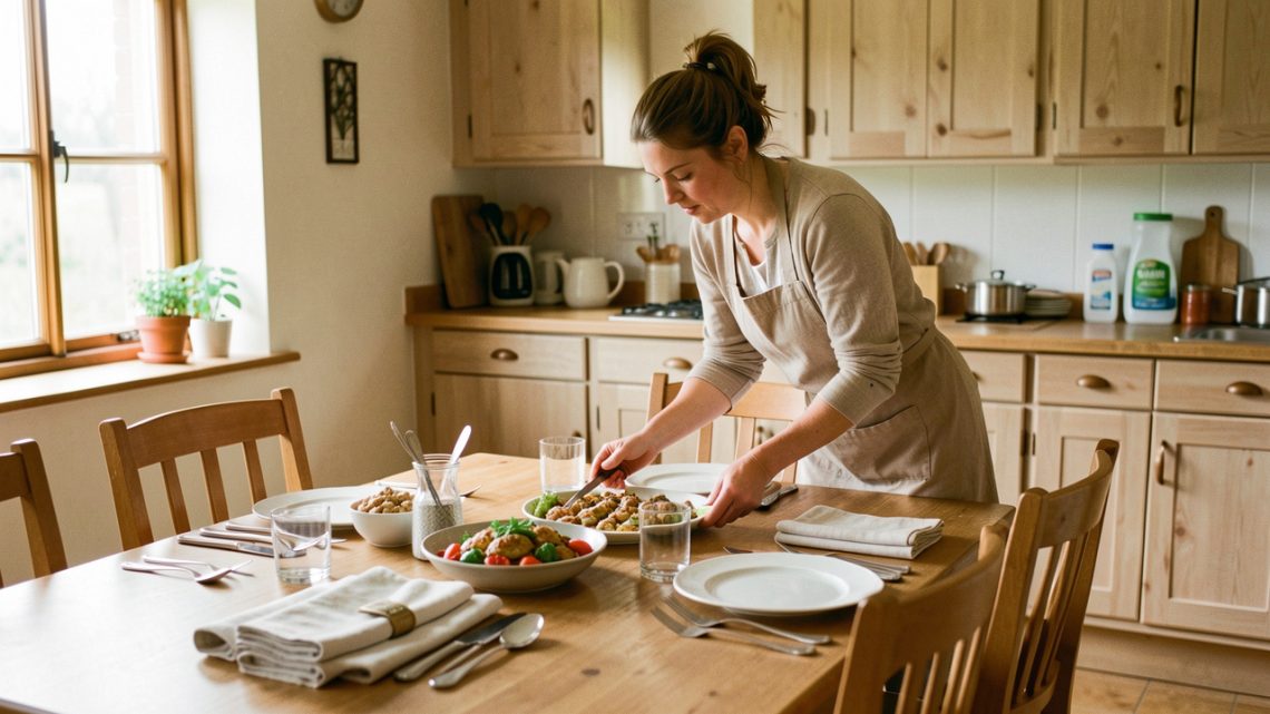 Une hôtesse examine avec attention une table d’hôtes propre et soigneusement dressée, dans une atmosphère chaleureuse et professionnelle.