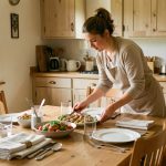 Une hôtesse examine avec attention une table d’hôtes propre et soigneusement dressée, dans une atmosphère chaleureuse et professionnelle.