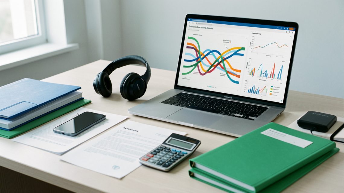 Espace de travail présentant un smartphone, un casque, des documents de devis vierges et un ordinateur affichant des graphiques abstraits de suivi des conversions, avec des dossiers budgétaires organisés.