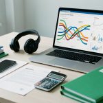 Espace de travail présentant un smartphone, un casque, des documents de devis vierges et un ordinateur affichant des graphiques abstraits de suivi des conversions, avec des dossiers budgétaires organisés.