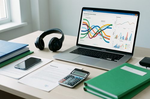 Espace de travail présentant un smartphone, un casque, des documents de devis vierges et un ordinateur affichant des graphiques abstraits de suivi des conversions, avec des dossiers budgétaires organisés.