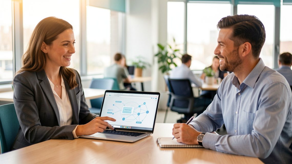 Une commerciale échange avec un client potentiel lors d’un rendez-vous professionnel dans un espace de coworking moderne, avec un ordinateur affichant une interface abstraite de mise en relation.