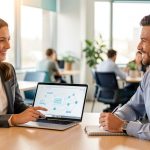 Une commerciale échange avec un client potentiel lors d’un rendez-vous professionnel dans un espace de coworking moderne, avec un ordinateur affichant une interface abstraite de mise en relation.