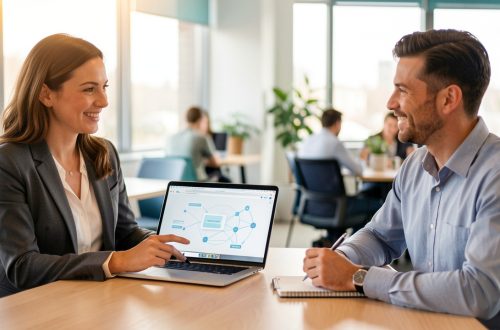 Une commerciale échange avec un client potentiel lors d’un rendez-vous professionnel dans un espace de coworking moderne, avec un ordinateur affichant une interface abstraite de mise en relation.